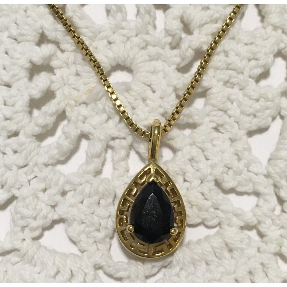 Vintage Avon Pendant Necklace Breek Key Black Stone Gold Tone Box Chain